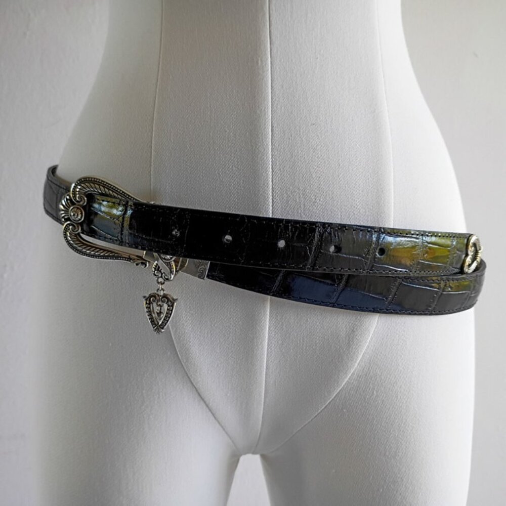 Brighton Black Croc Embossed Leather Belt Size 38 Heart Charm